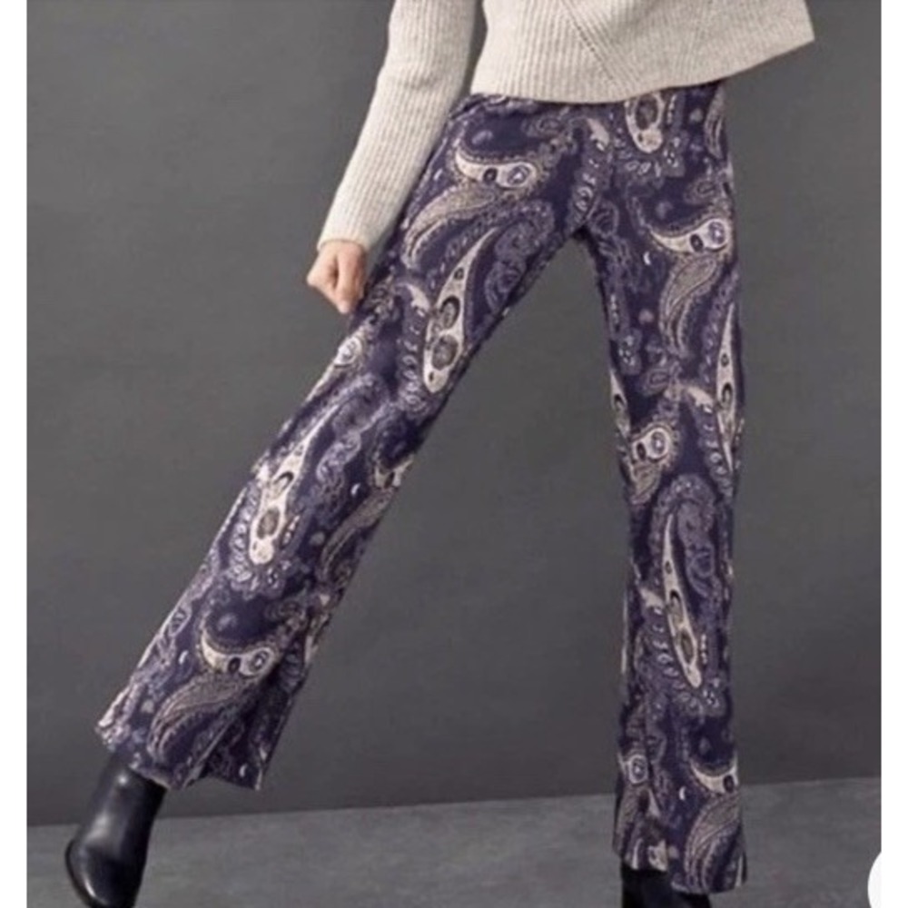 Maeve Anthropologie Maria Blue Metallic Paisley Stretch Trousers Pants‎ Size 2